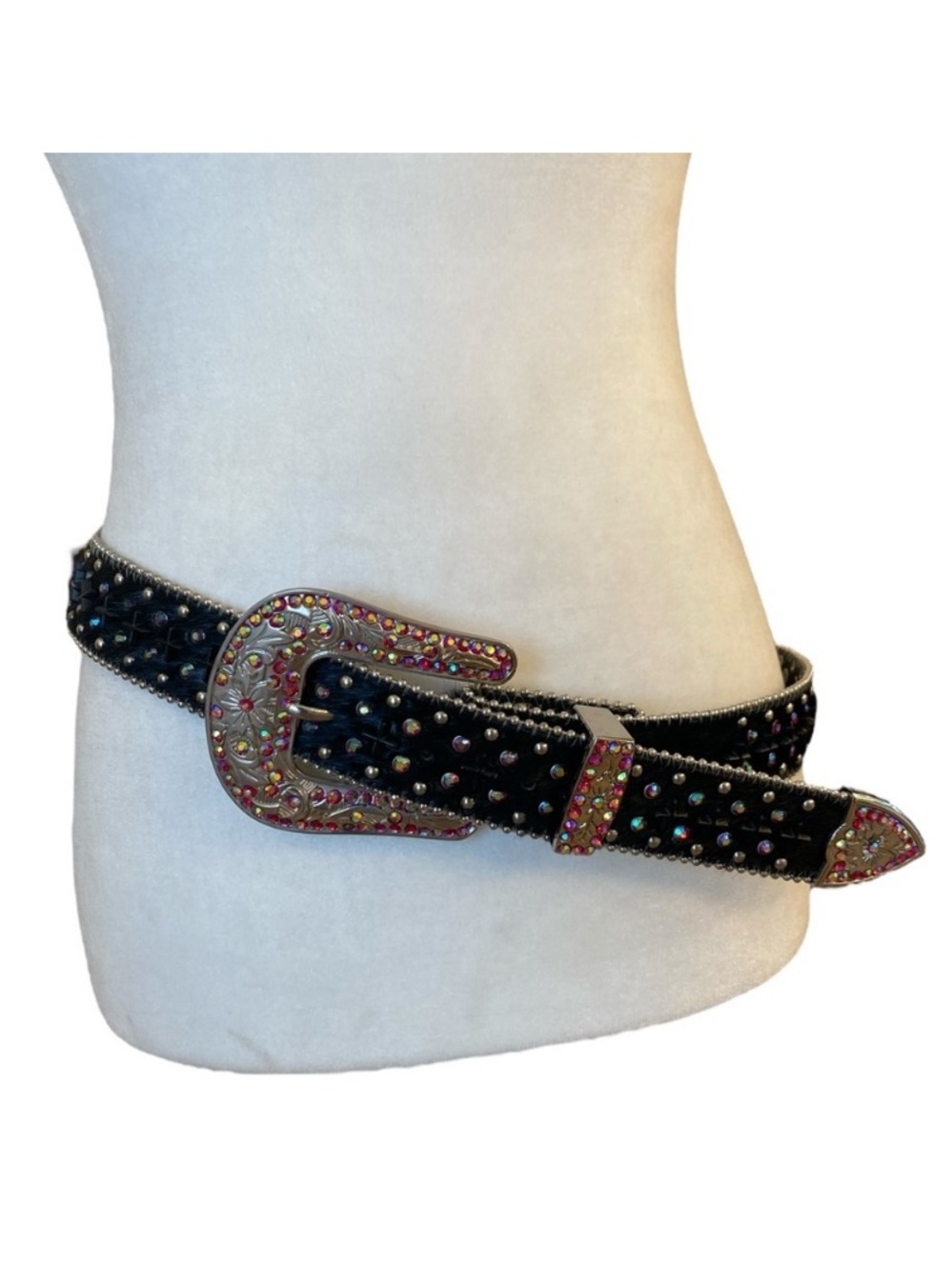 Calf Hair Studded Rhinestone Belt Chunky Buckle Made In Mali Western